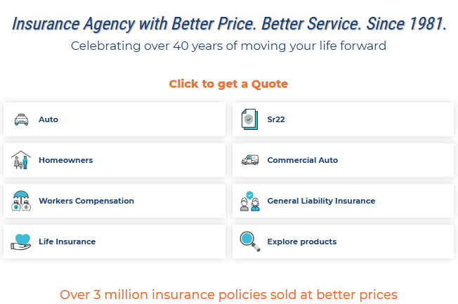 Screenshot from our homepage - showing off our Magnum Insurance products - including Auto, Homeowners, SR-22, and more.