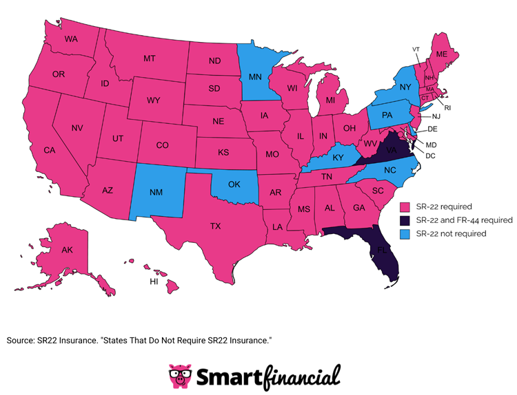 A map of the United States showing which states require SR-22 insurance for drivers.