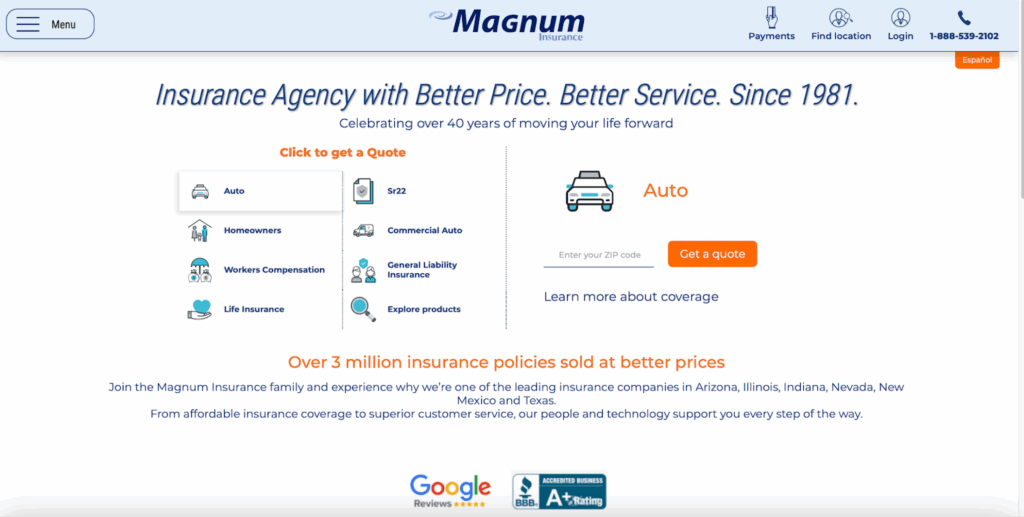 Magnum Insurance homepage showing our years of experience.