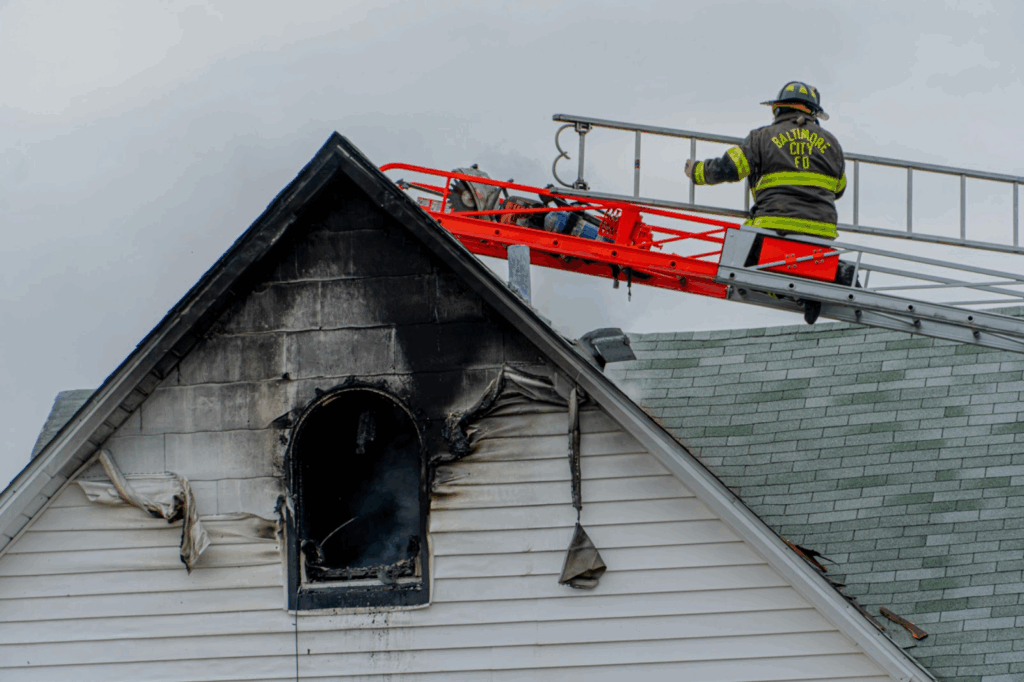A firefighter assessing damage to a roof on a single-family home covered by HO3 insurance.