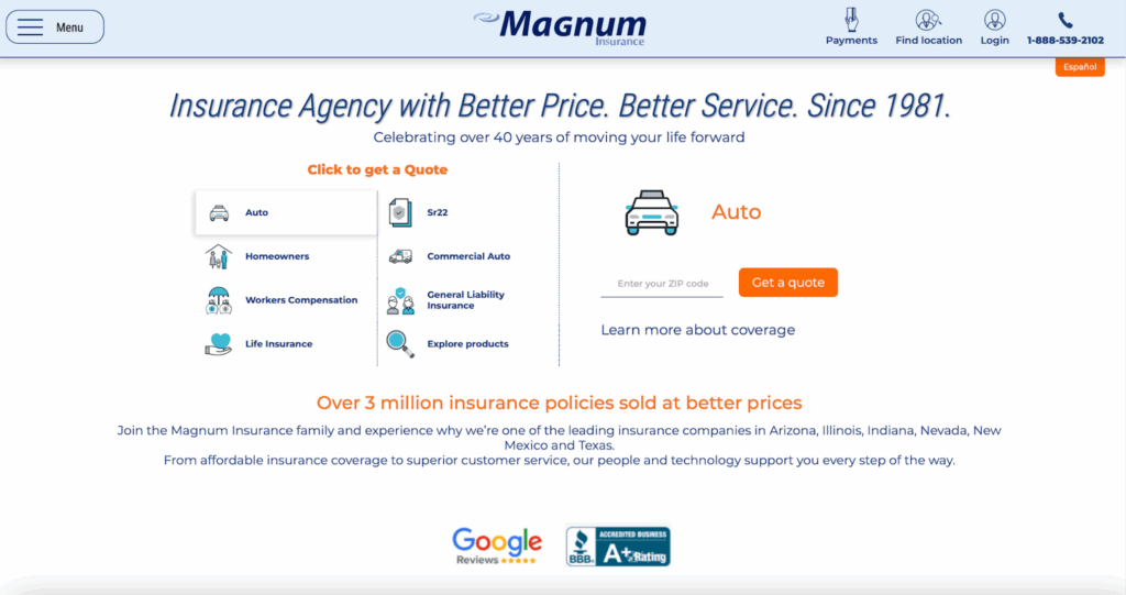 Screenshot of Magnum Insurance’s credentials, highlighting our years of experience.