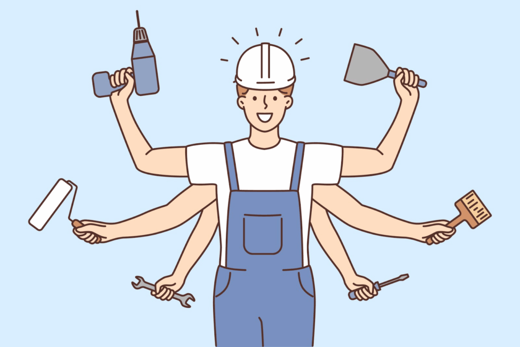 An illustration of a guy with multiple hands holding different tools.