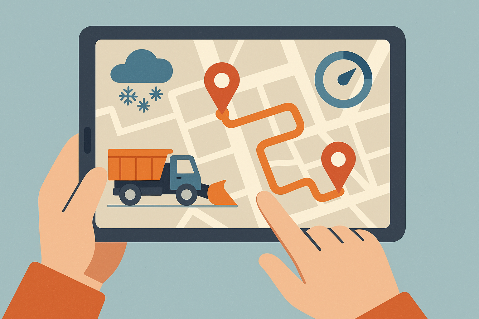 A contractor uses a tablet with GPS to plan a snow route - helping lower the snow plow insurance cost