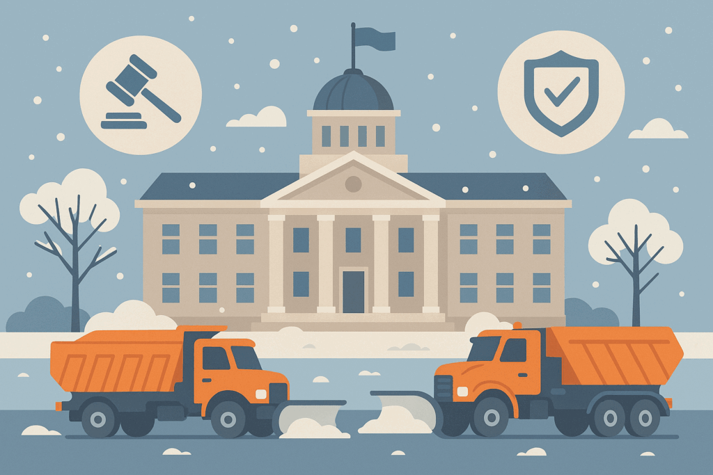 Snow plow trucks in front of a courthouse, with icons showing the legal side of things