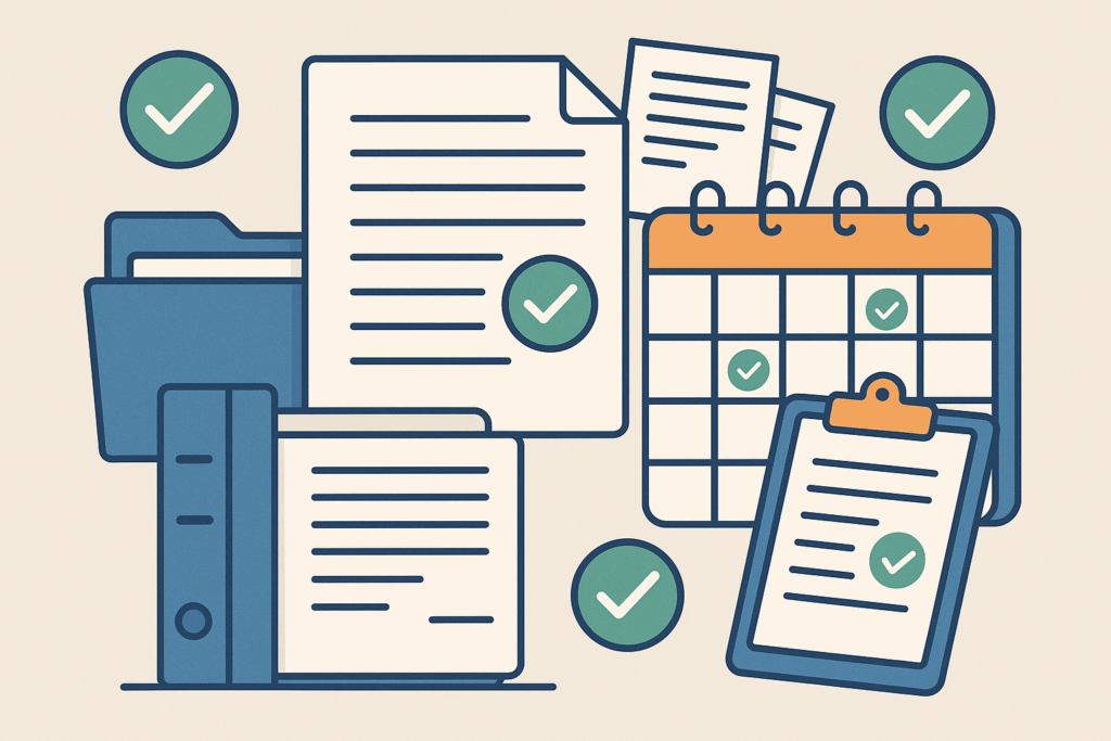 Organized documents and a calendar helping a driver manage their SR22 requirement