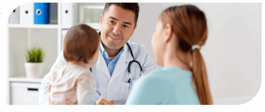 A doctor is examining a child but the visit might not be covered by short-term health insurance.