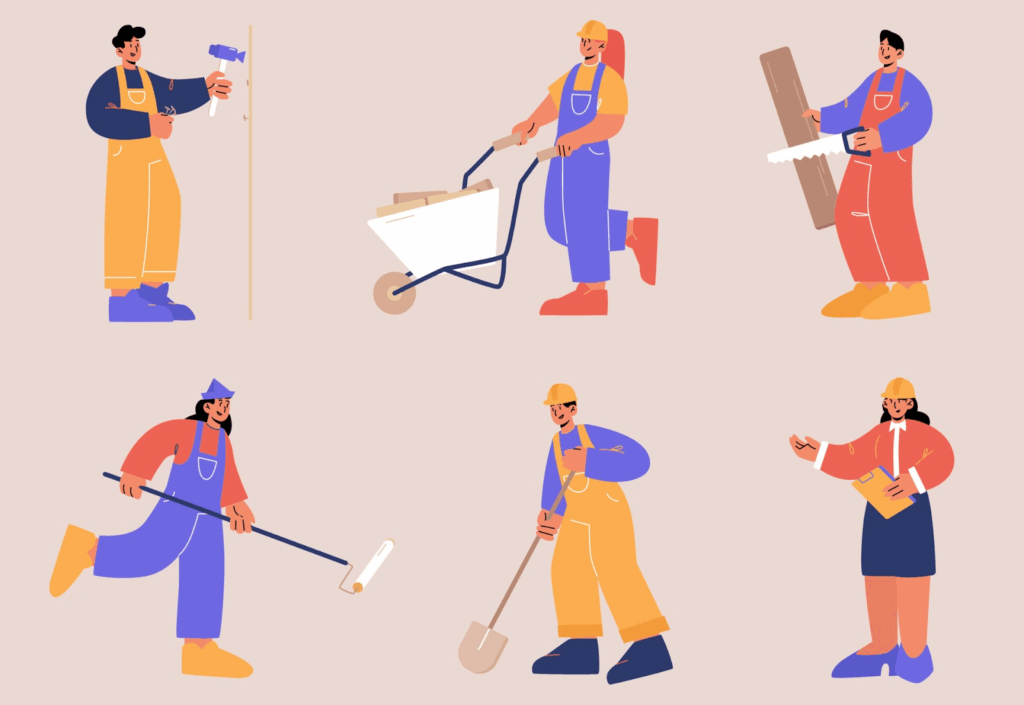 An illustration of different people doing different handyman jobs.