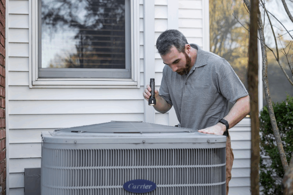 A HVAC technician inspecting an outdoor air conditioning machine. 