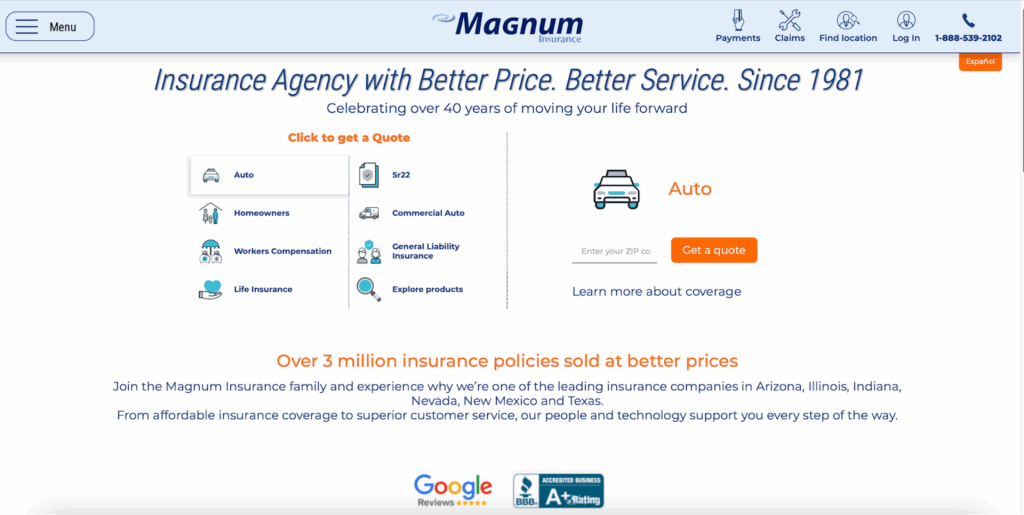 Magnum Insurance homepage, showing years of experience.