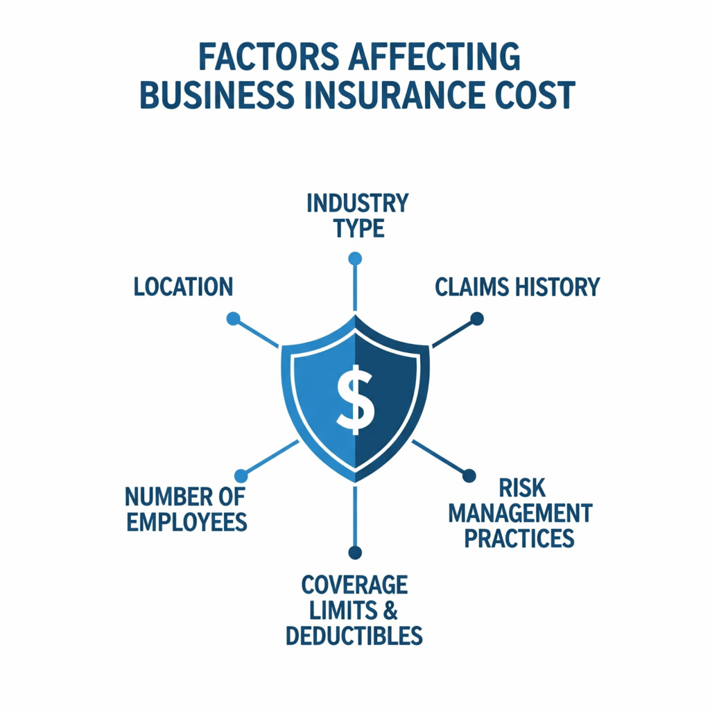Connected points: Industry Type, Location, Number of Employees, Claims History, Risk Management Practices, and Coverage Limits & Deductibles