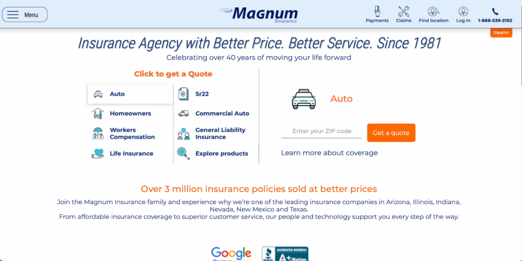 Magnum Insurance homepage, showcasing our range of services. 