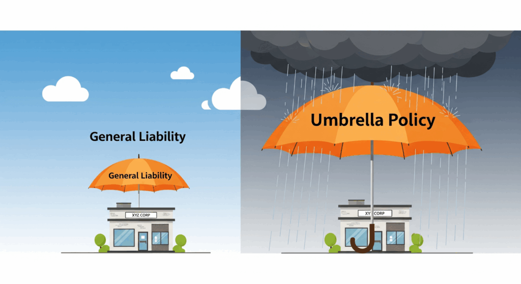 An illustration explaining how a commercial umbrella policy provides extra protection over your main policies during a major event