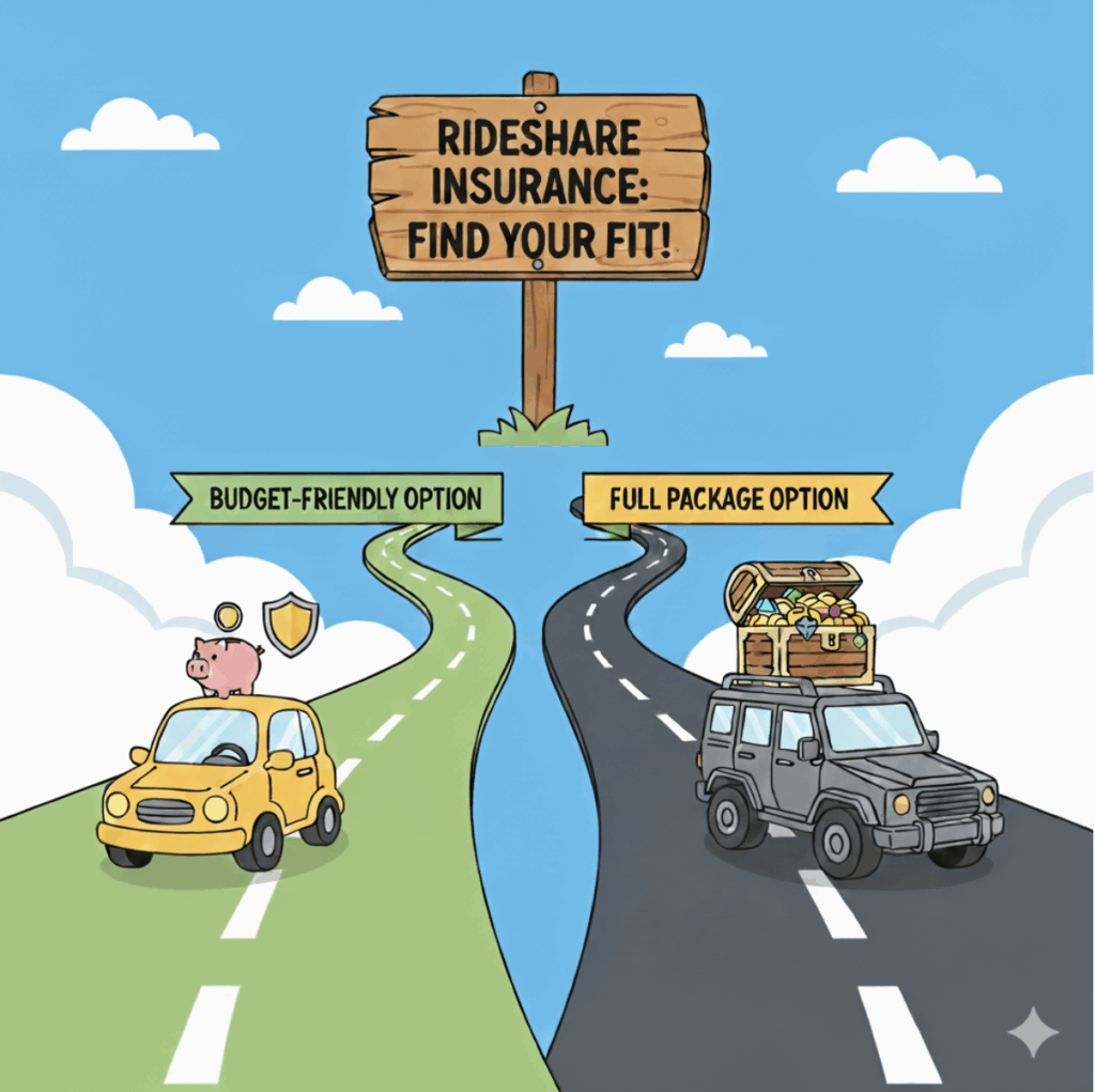 Cartoon road sign pointing to two paths: one labeled "Budget-friendly option”, the other labeled “full package option”