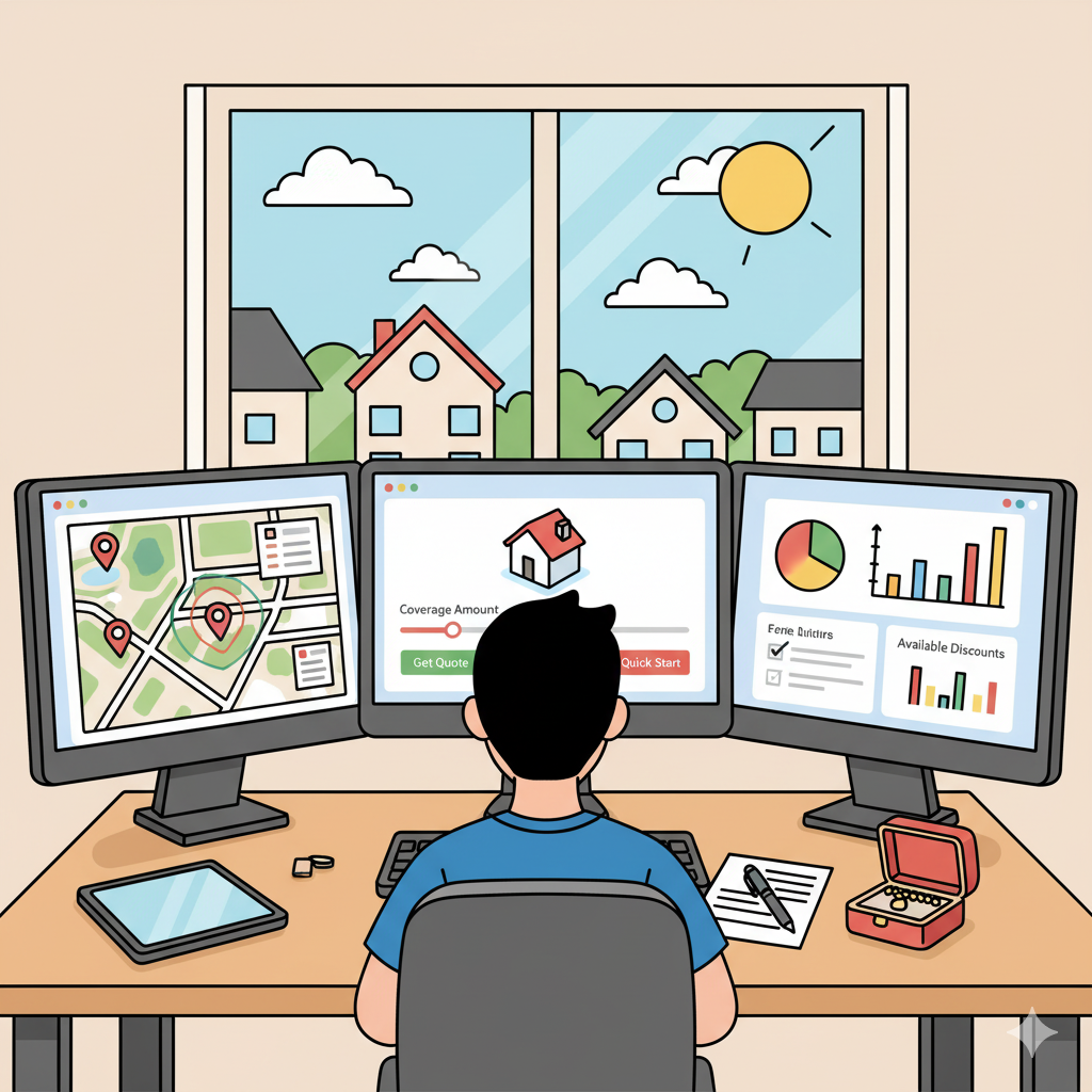  Image of a person sitting at a desk with three computer monitors displaying risk zones, a house insurance calculator, and graphs showing discounts and policy comparisons