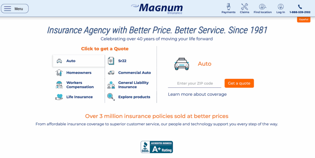 Magnum Insurance homepage, showcasing our range of features and years of experience. 