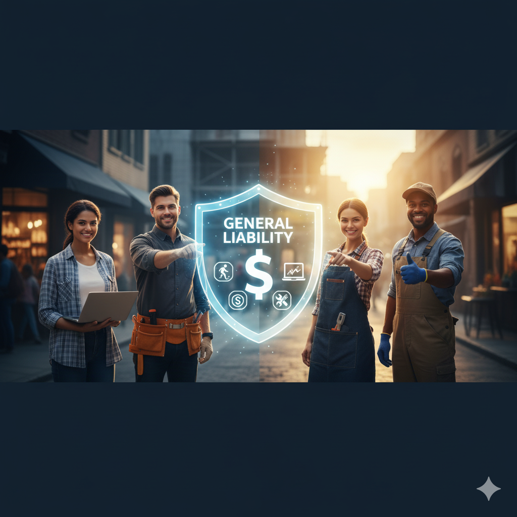 Diverse small business owners stand with a glowing "General Liability" shield
