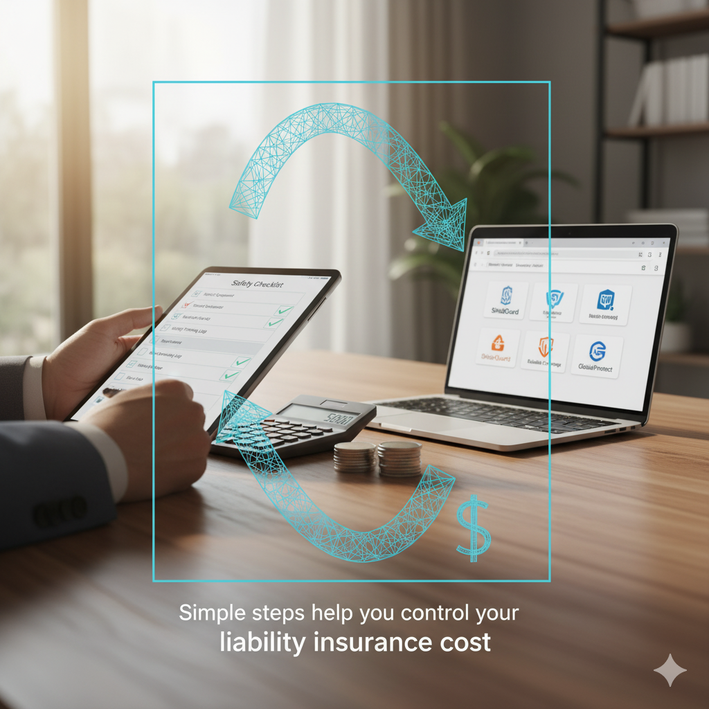  A hand on a safety checklist tablet, a calculator with coins, and a laptop with insurance options