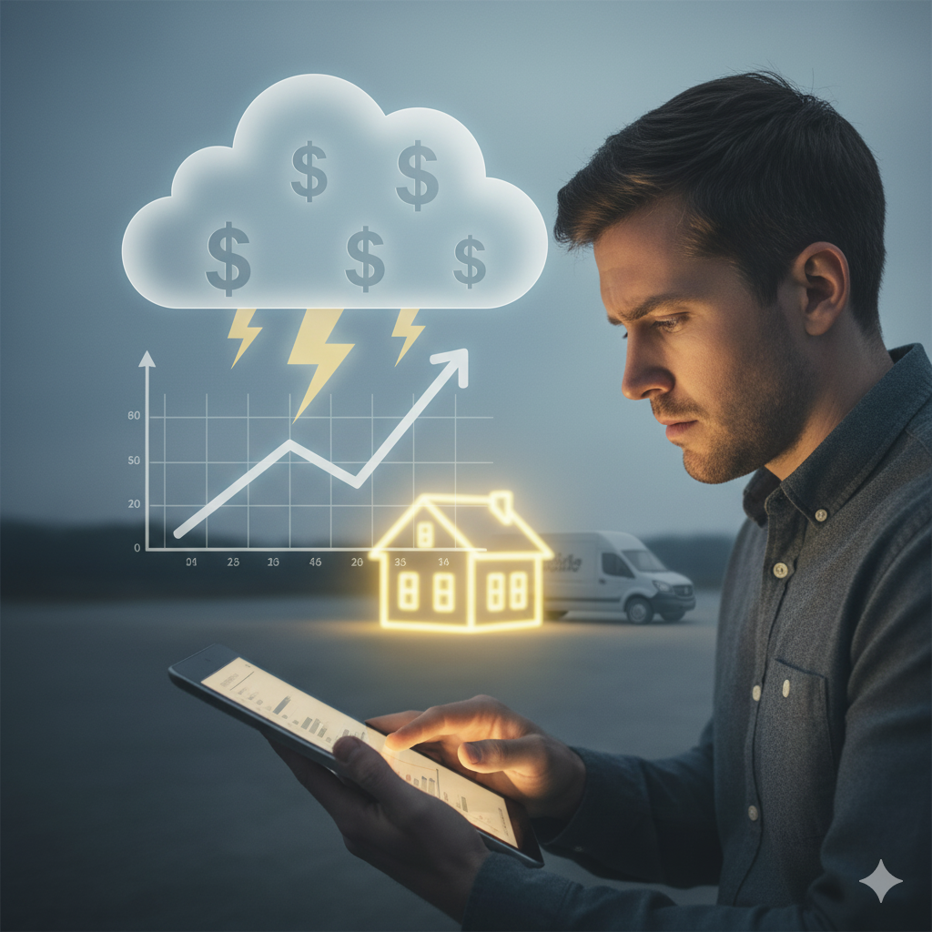 Un hombre observa una tableta con una nube tormentosa de dinero y un gráfico en aumento.