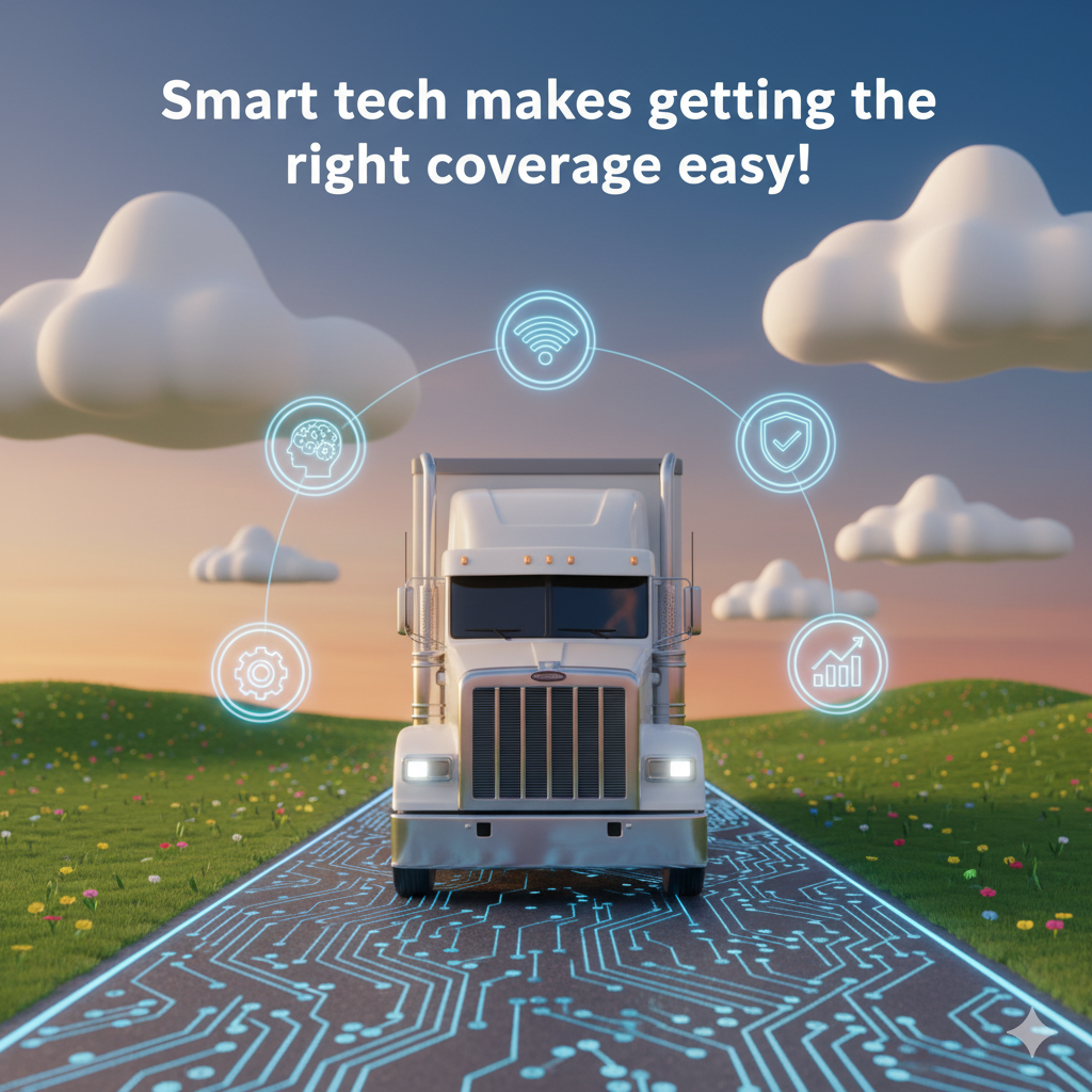  A commercial truck driving on a digital roadway, showing us smart tech makes getting the right coverage easy.