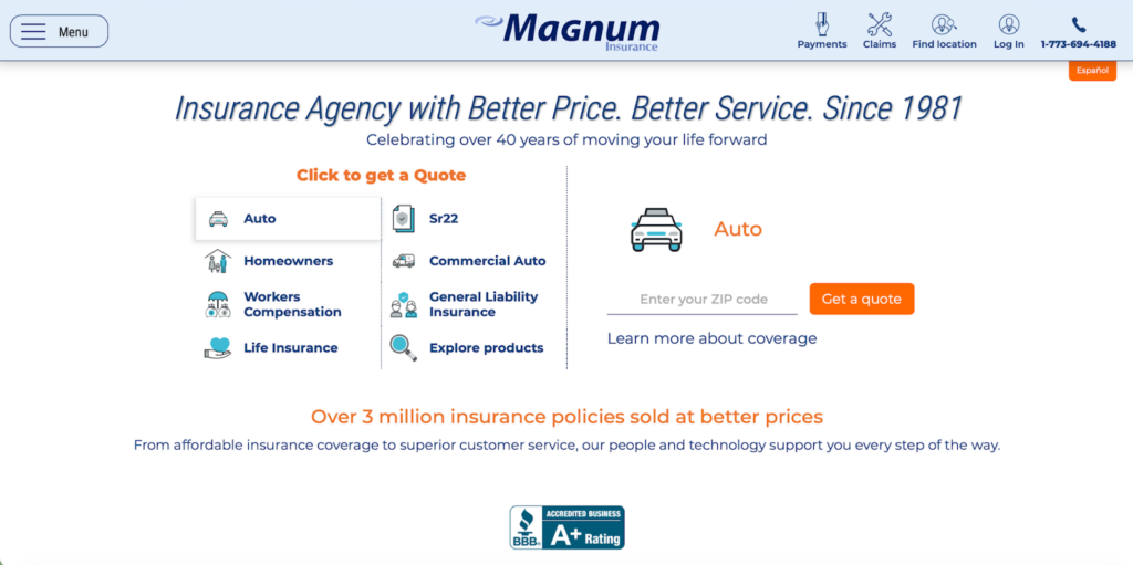 Página de inicio de Seguros Magnum, mostrando nuestros años de experiencia y los servicios disponibles.