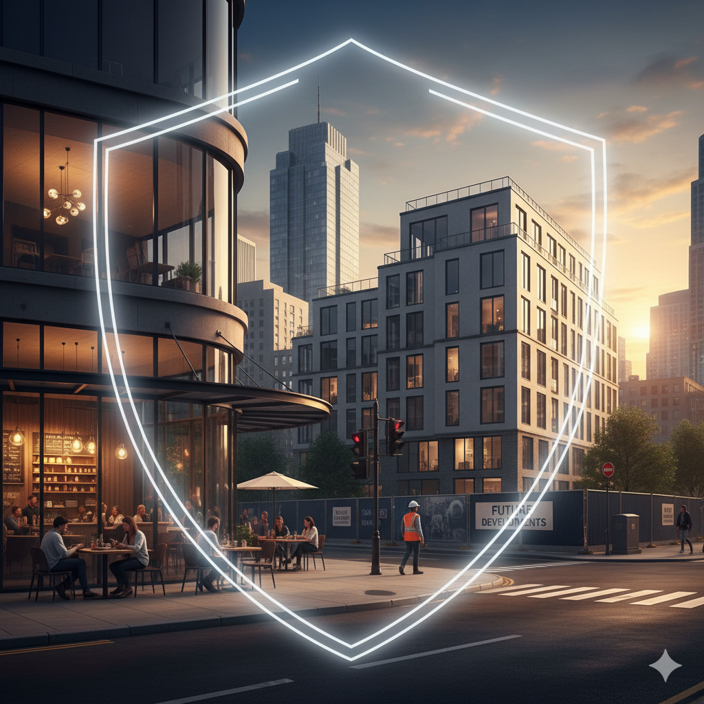 A busy street with a cafe and a construction site, overlaid with a glowing white shield