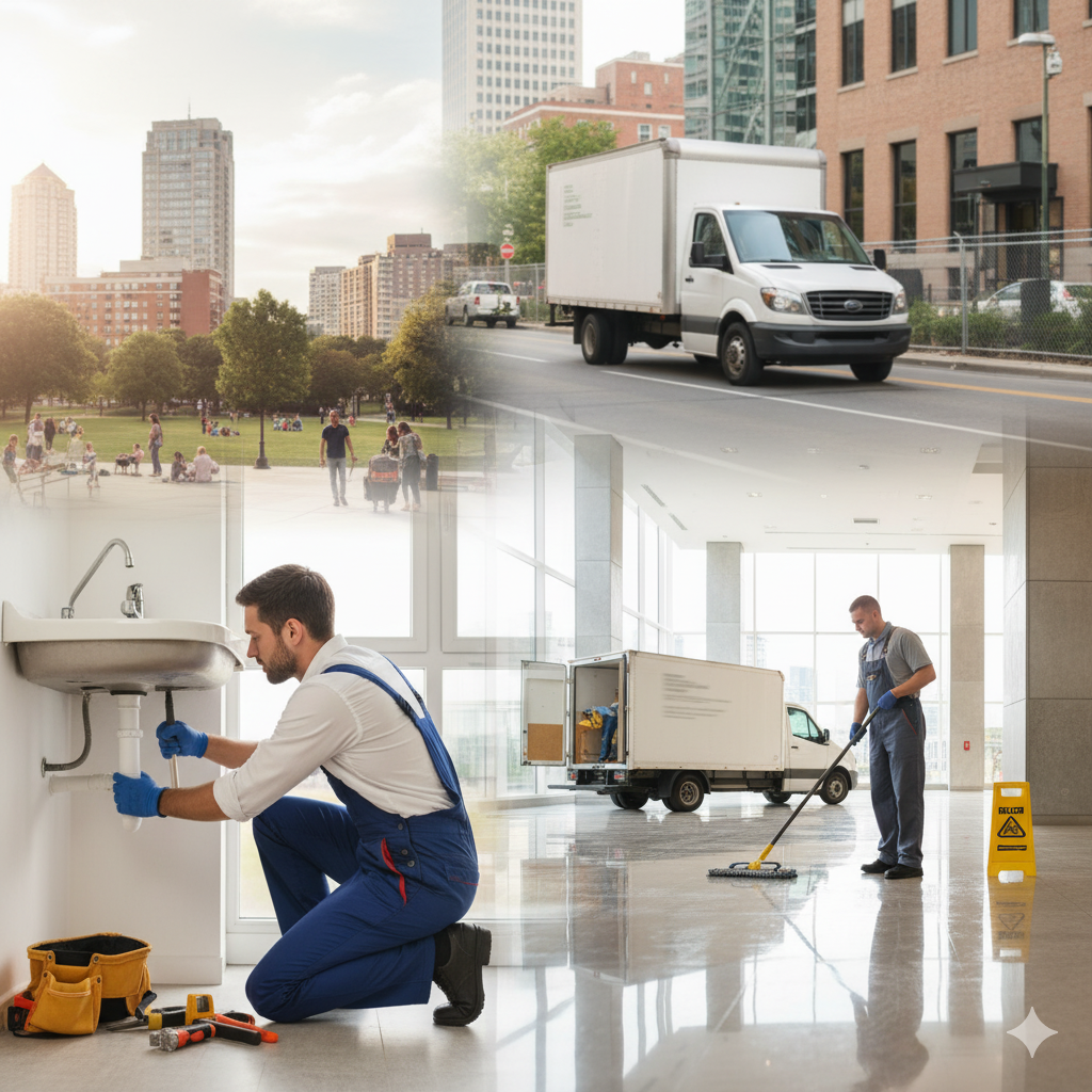 A collage showing business activities like plumbing, commercial cleaning, and driving a delivery truck within a city - businesses that are covered by business general liability insurance