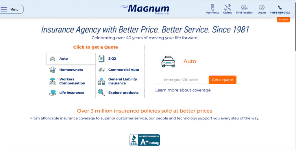 Página de inicio de Seguros Magnum, mostrando nuestros años de experiencia en la industria de los seguros.