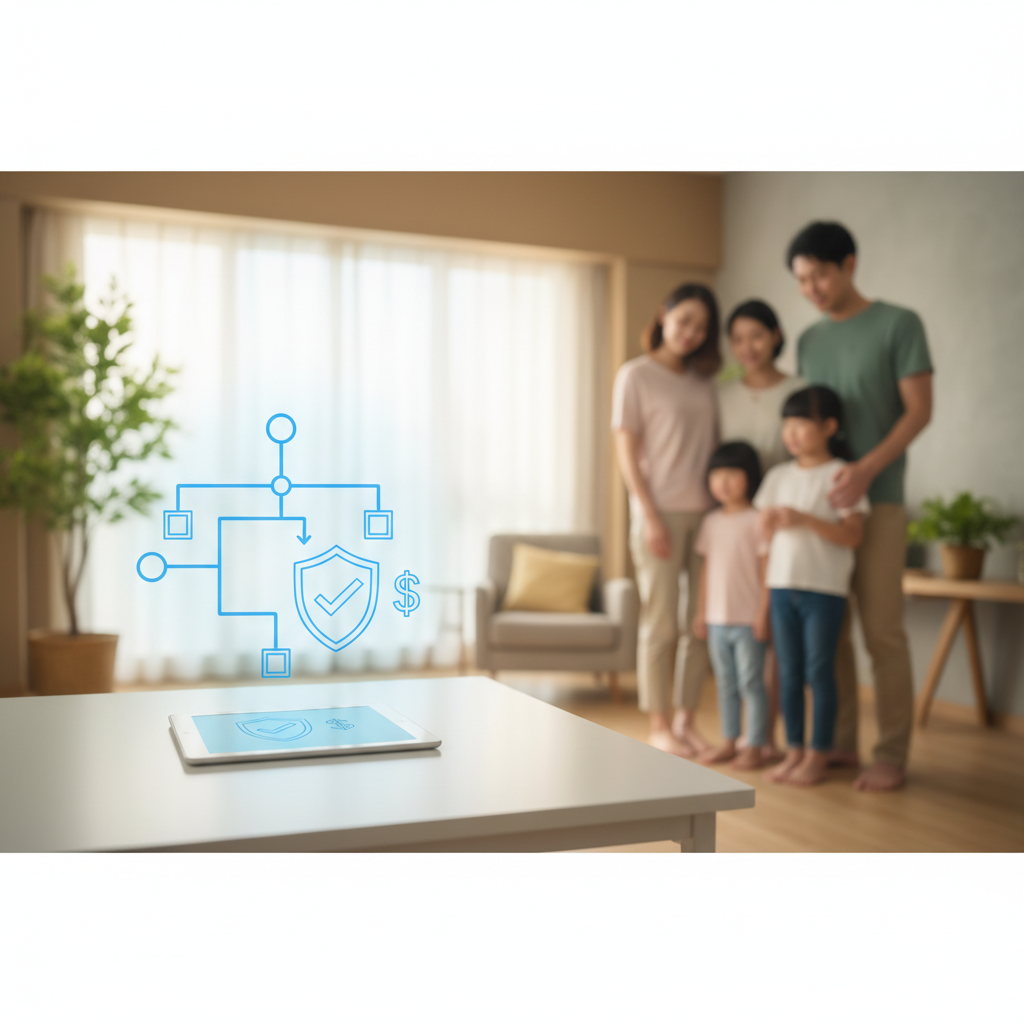 A tablet on a table, ready for online health insurance calculations, with a family standing in the background