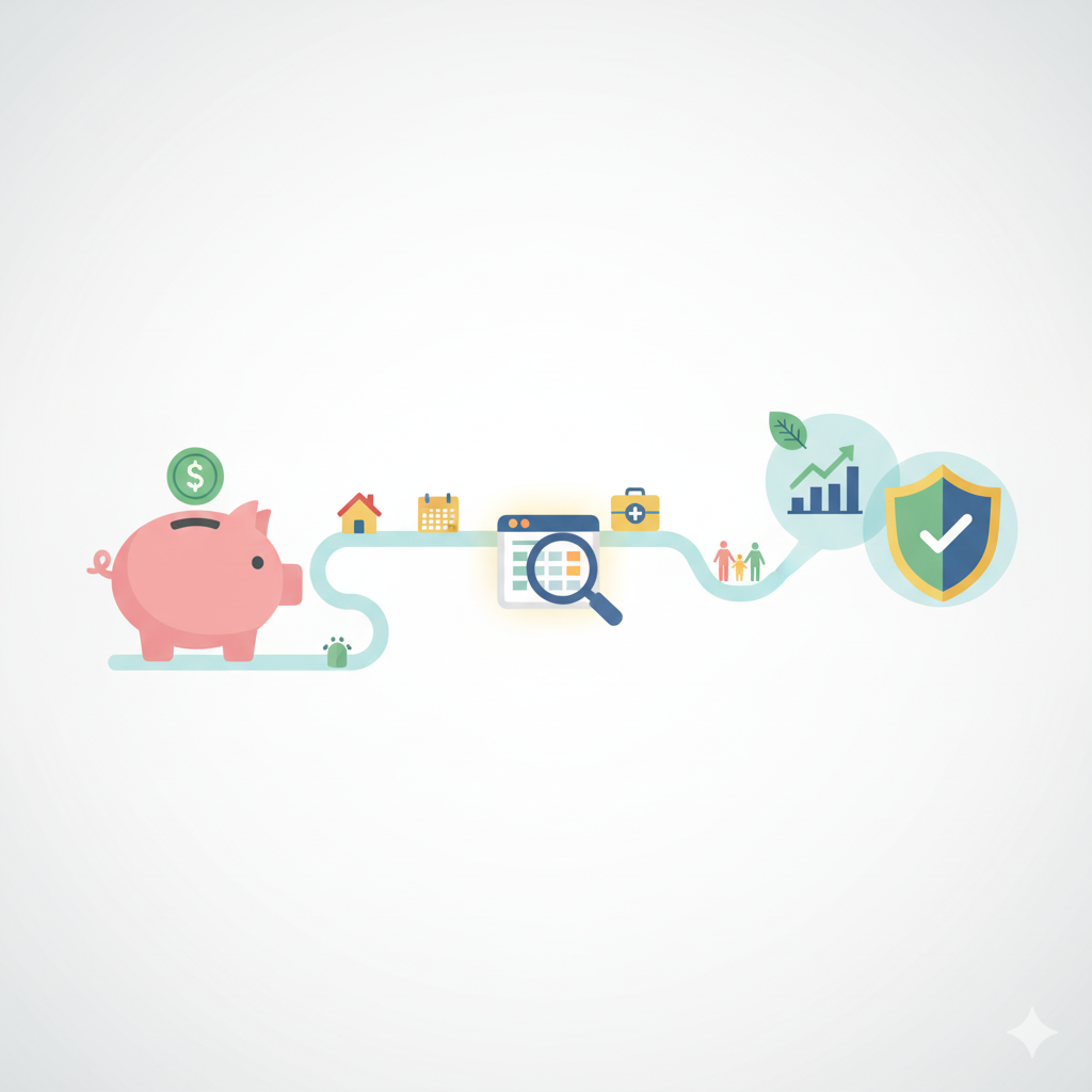 An illustration showing a clear path from saving money to finding the right health coverage