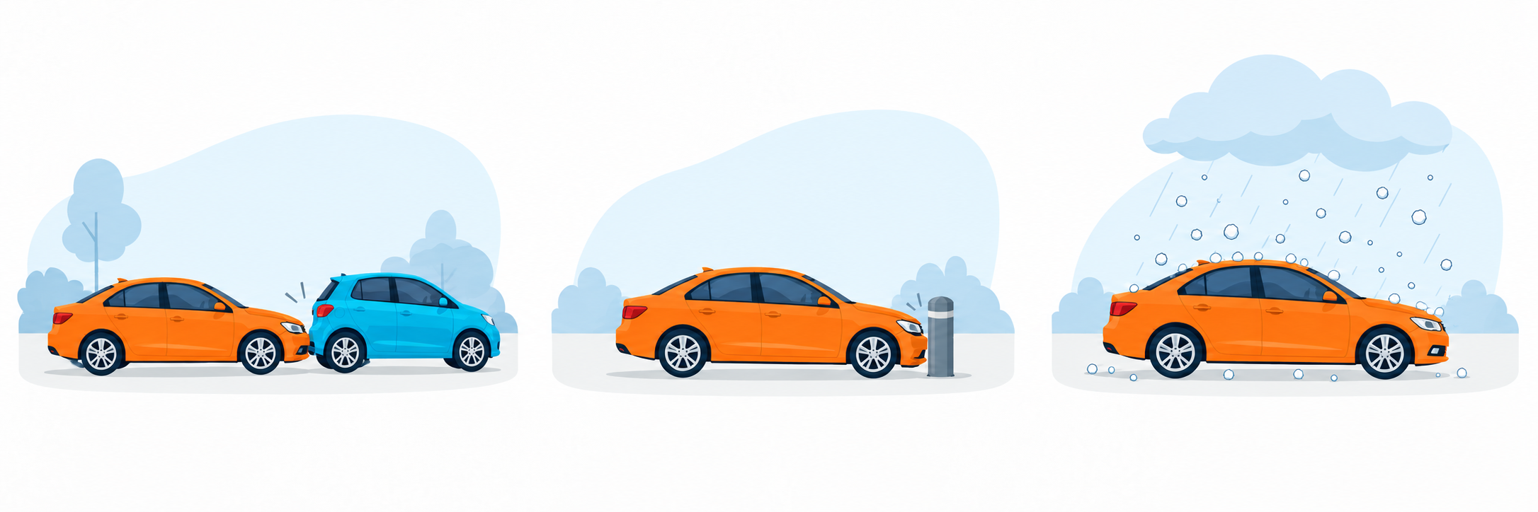 Three examples: damage to another vehicle, collision with a bollard, and hail falling on a car.