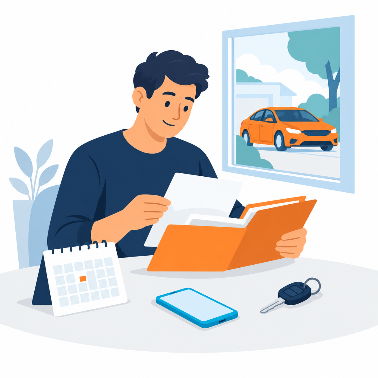 Driver organizing papers, a calendar and a car key before requesting an auto insurance quote.