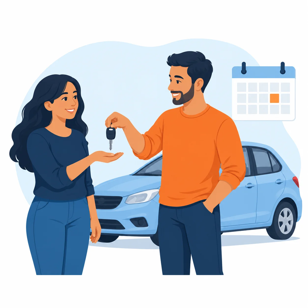 Dos adultos se entregan la llave de un auto estacionado, con un día marcado en un calendario.