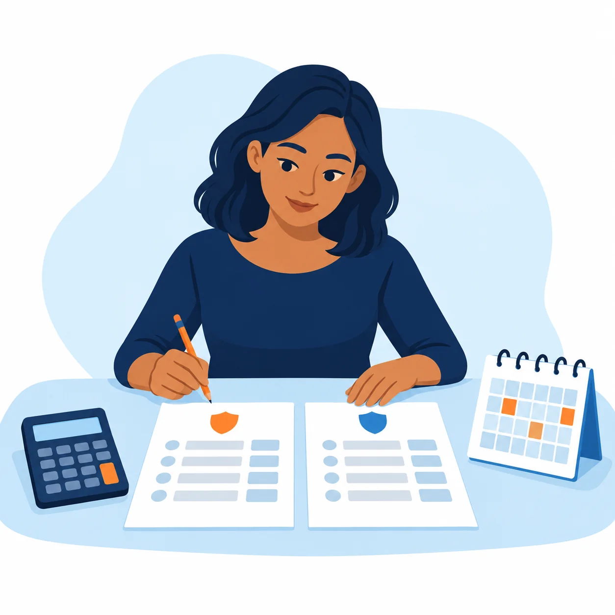 Una persona compara dos cotizaciones de seguro con una calculadora y un calendario de pagos.